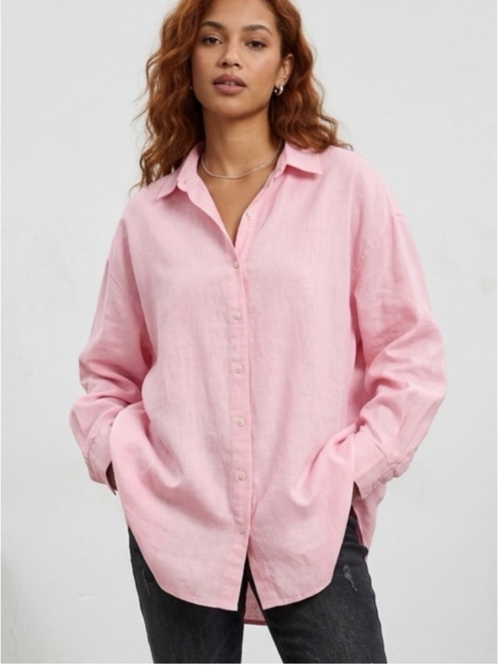 Tommy Bahama Pink 100% Linen Long Sleeve womans Button Down Shirt Size L 1945